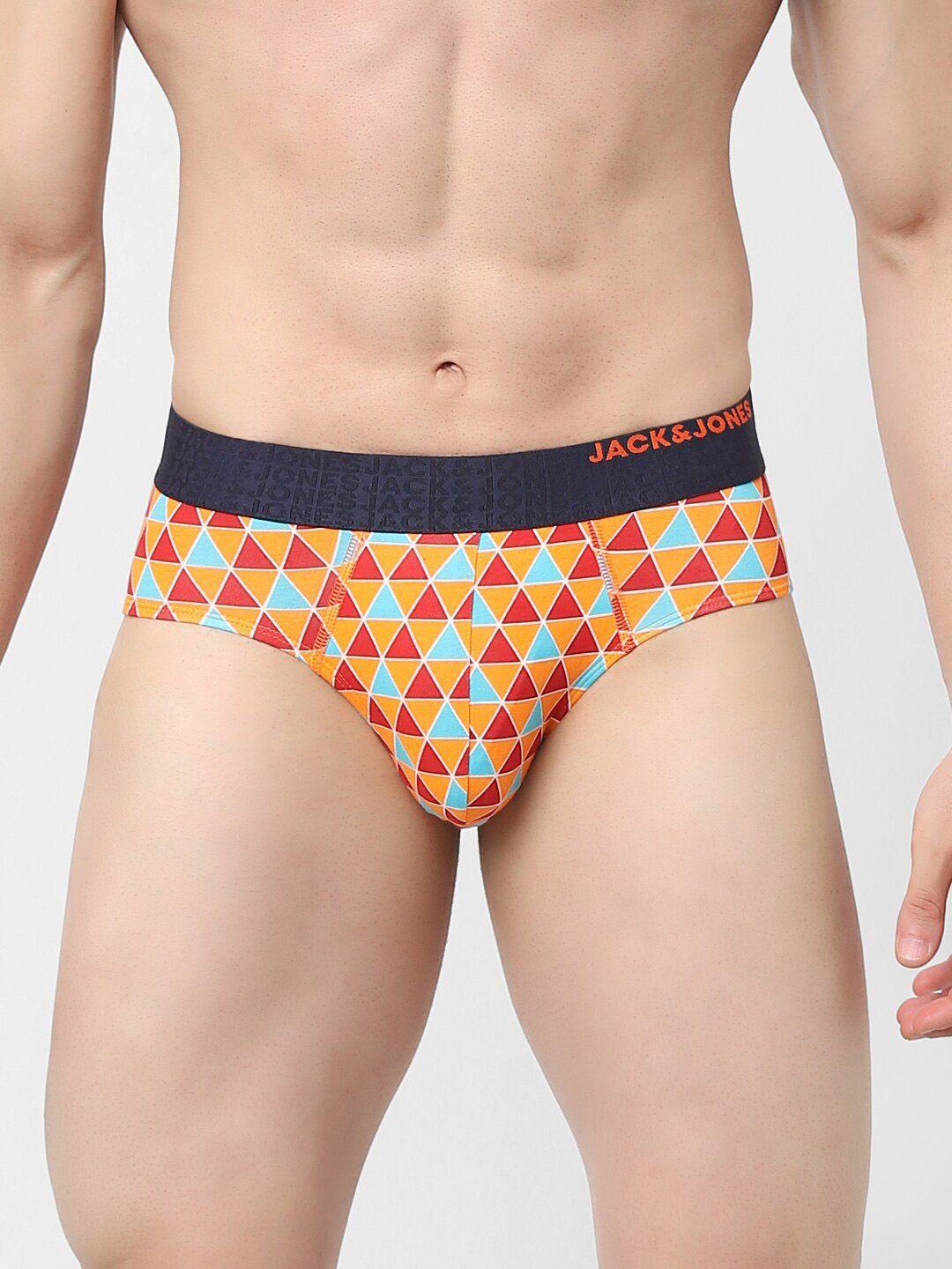 jack & jones men vibrant orange & blue geometric printed basic cotton briefs