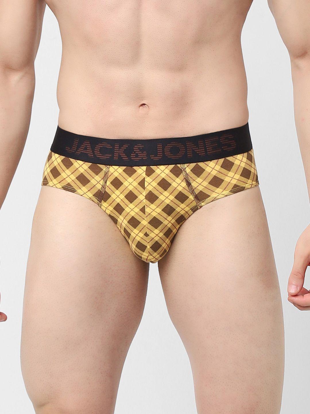 jack & jones men brown & yellow checked cotton basic briefs