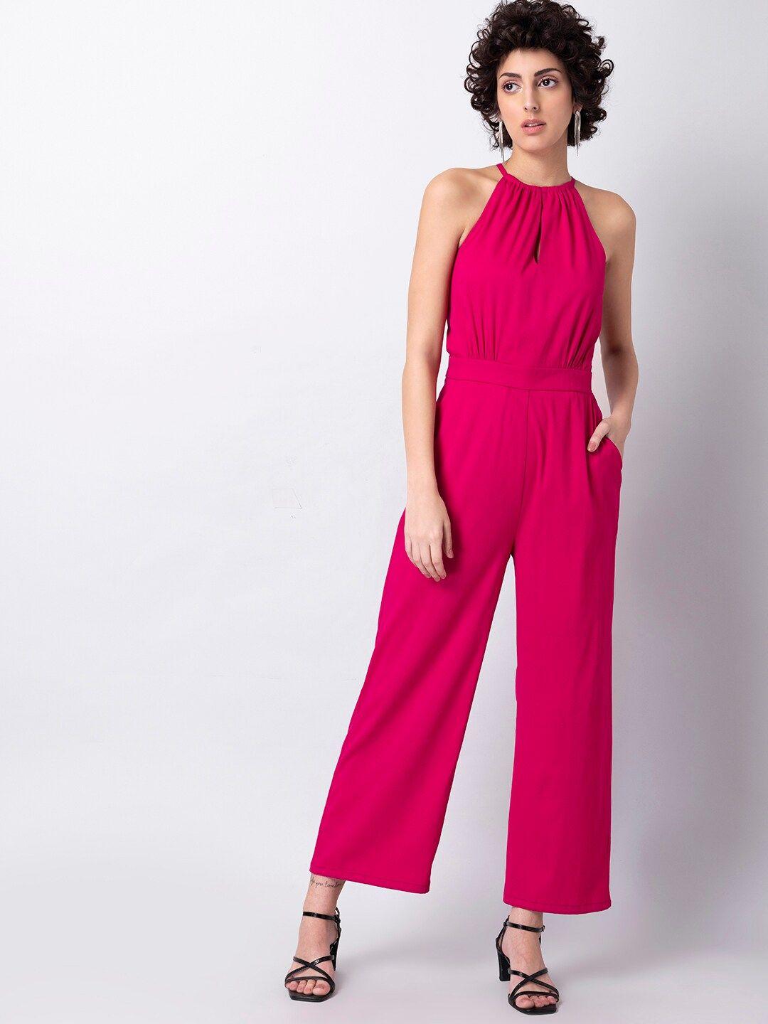 faballey women pink halter neck basic jumpsuit