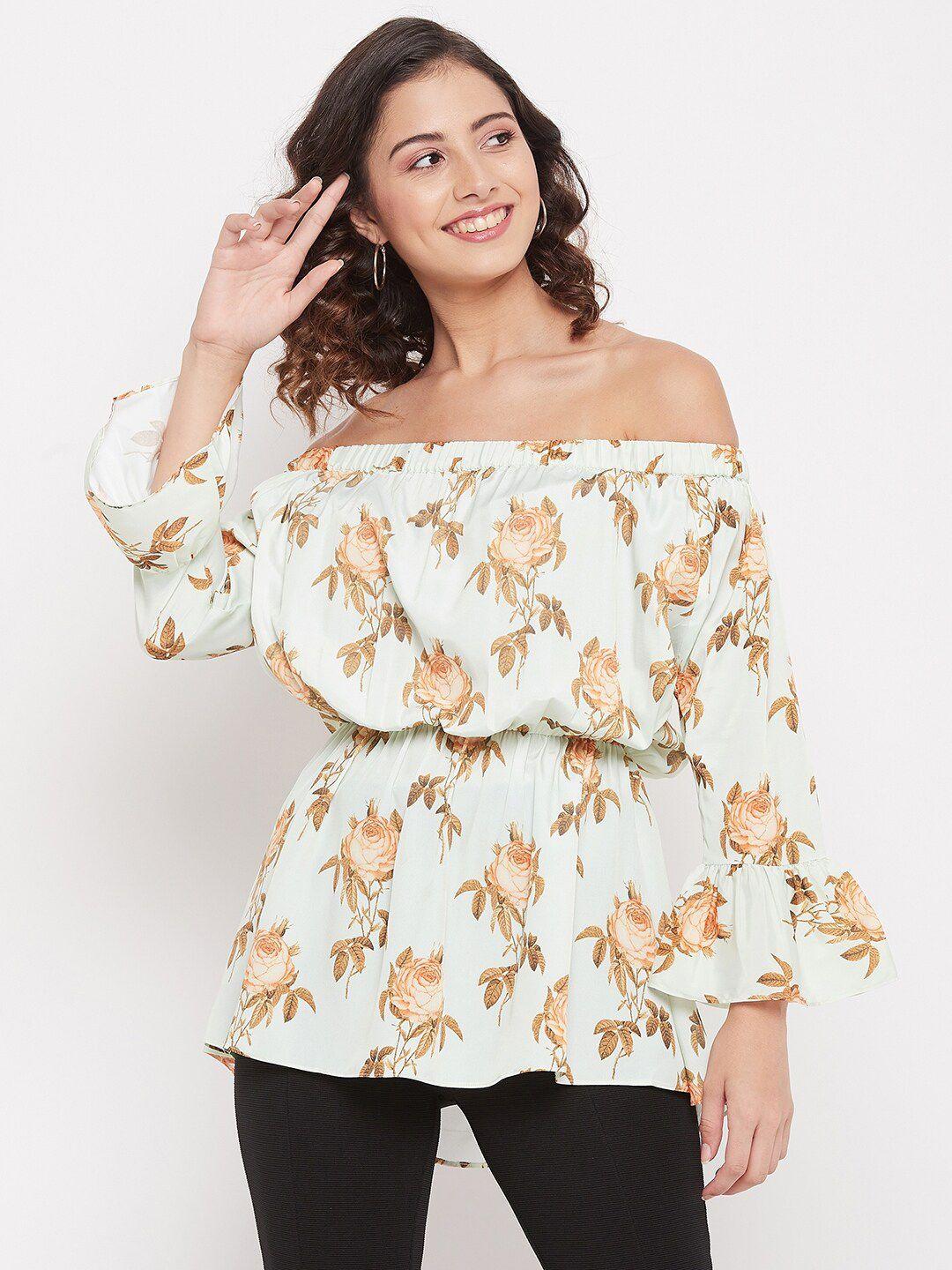 duke sea green & beige floral print off-shoulder bardot top