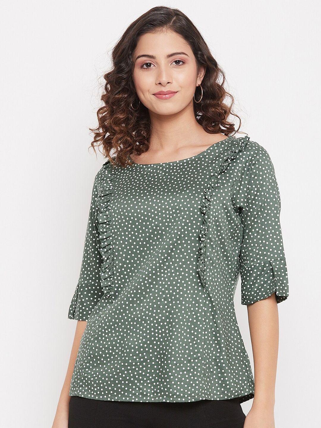 duke green geometric print roll-up sleeves ruffles top