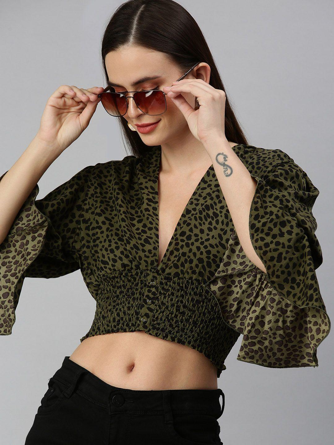 showoff olive green animal print crepe blouson crop top