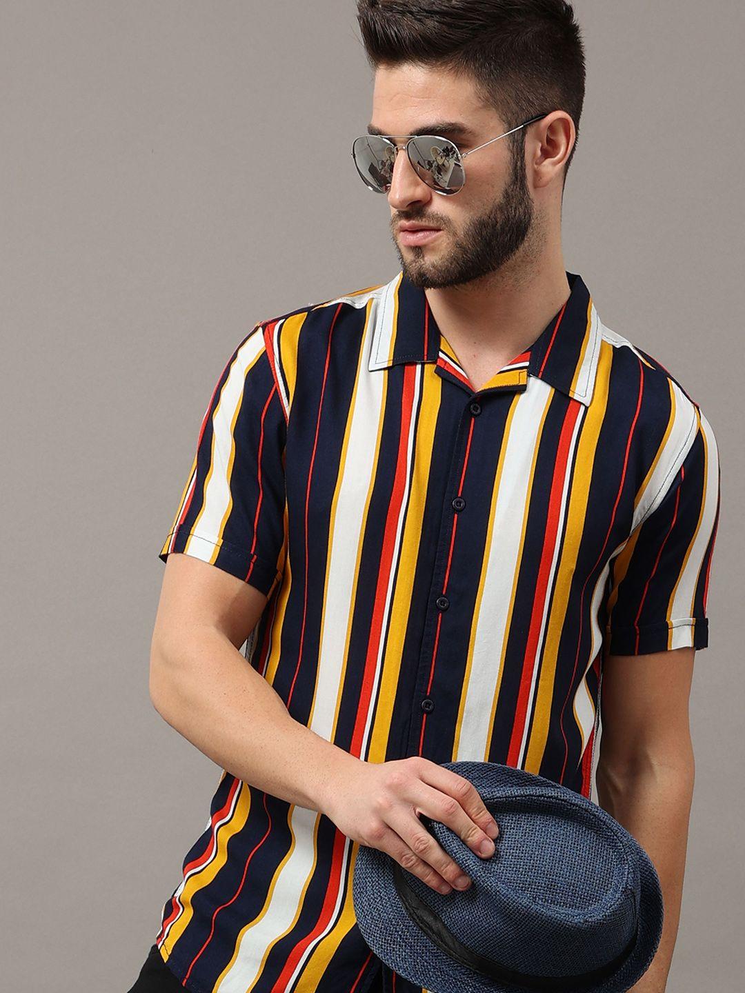 here&now men black slim fit striped casual shirt