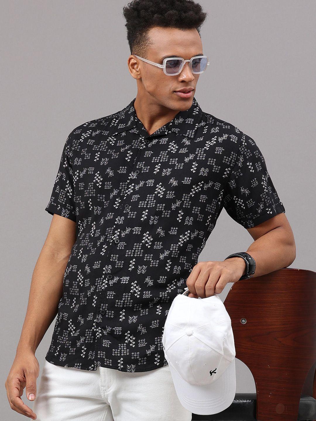 here&now men black slim fit floral printed casual shirt