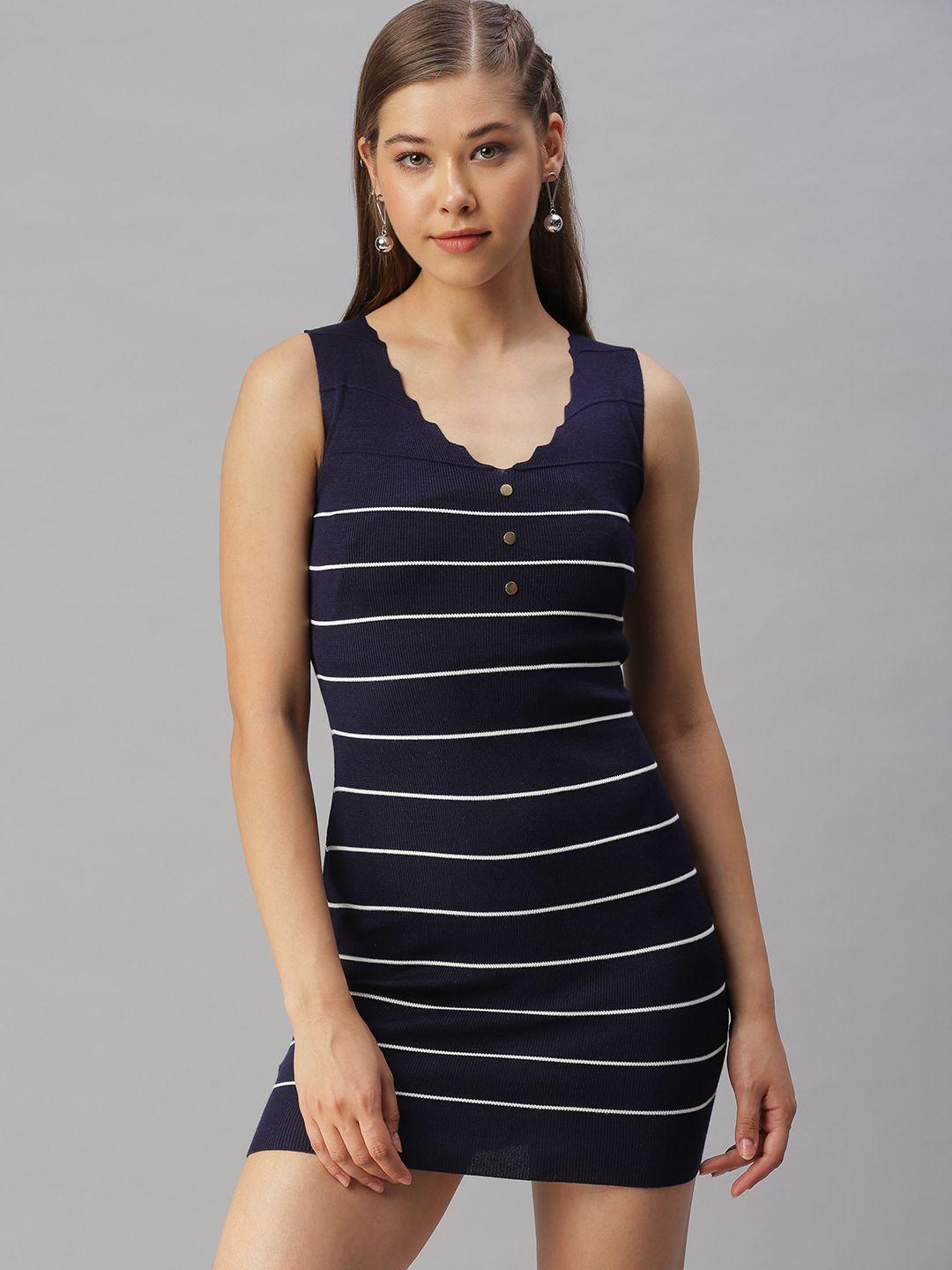 showoff navy blue striped bodycon mini dress