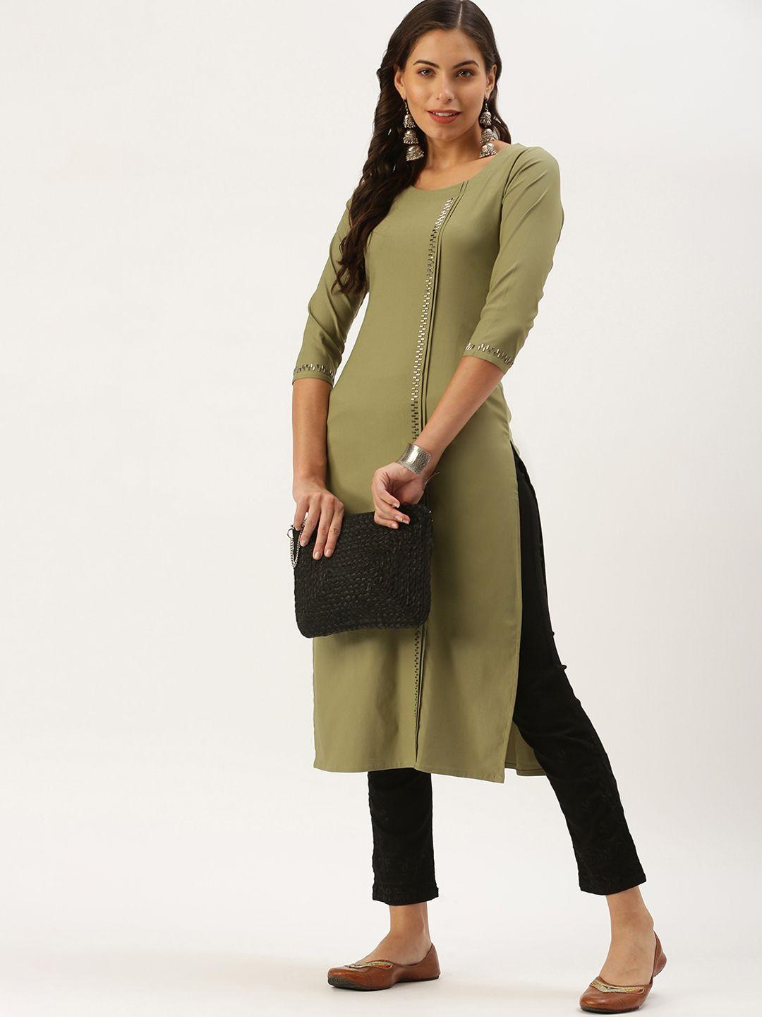 showoff women olive green keyhole neck thread work kurta