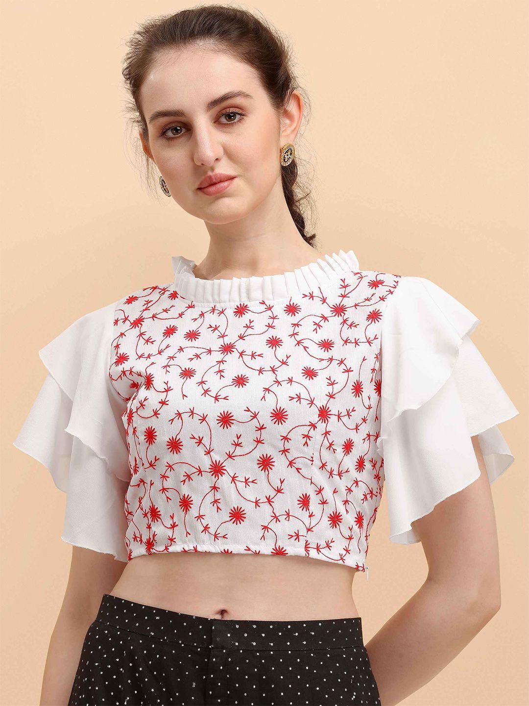 paralians white & red floral embroidered crop top