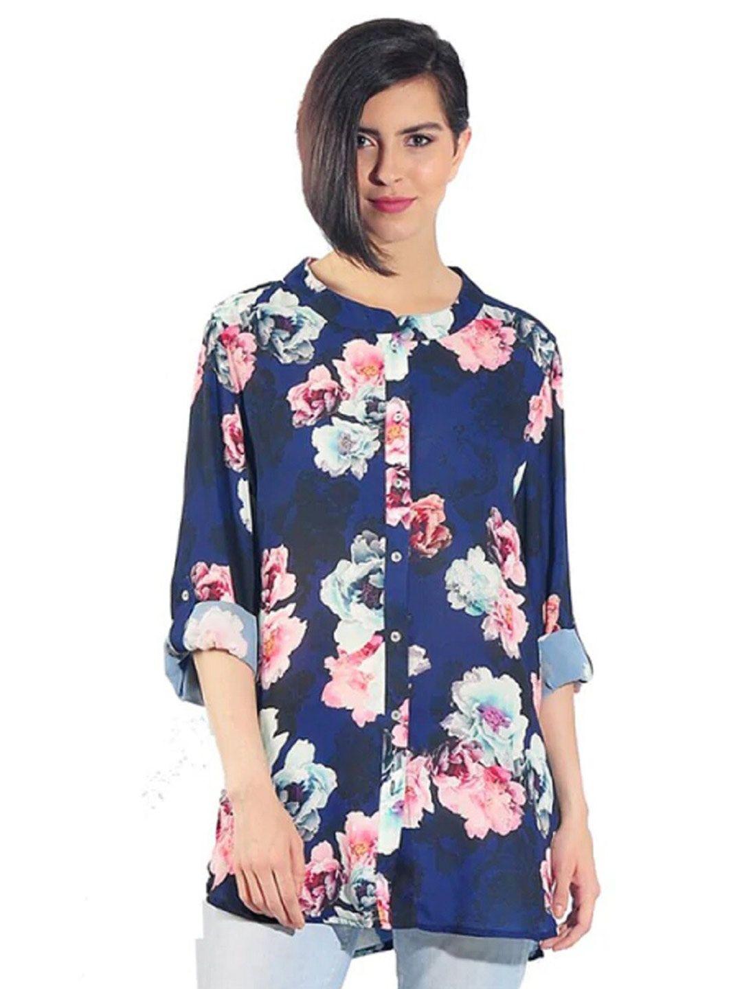 chique women navy blue & pink floral printed casual shirt