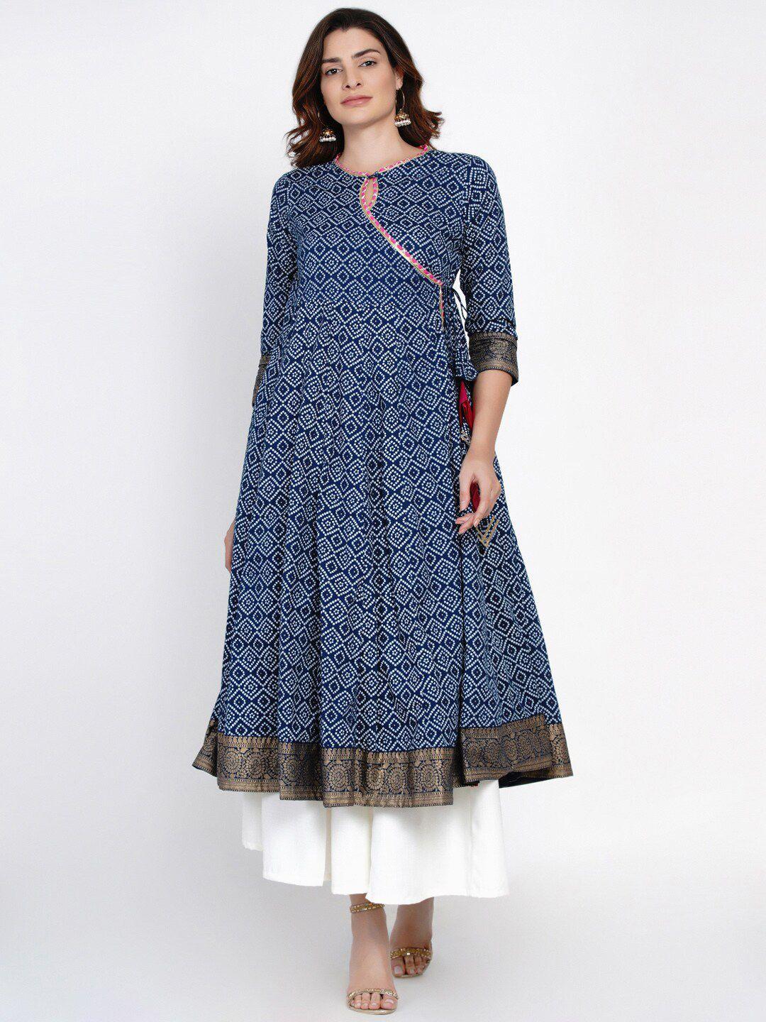 bhama couture women navy blue & white bandhani printed keyhole neck anarkali kurta