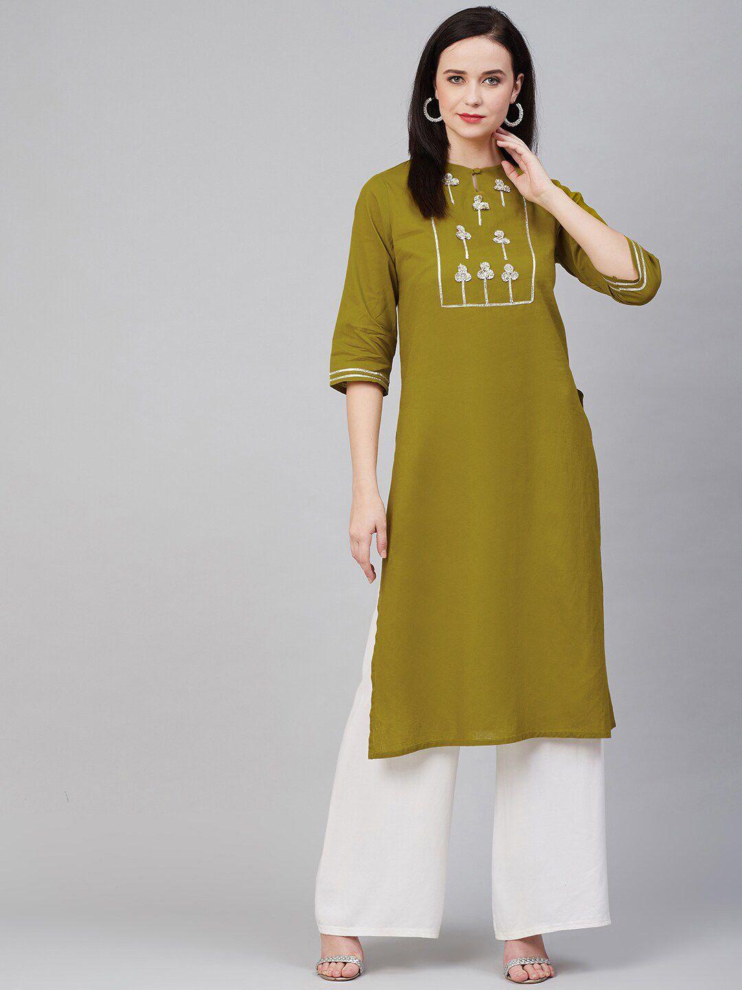 bhama couture women olive green & silver-toned yoke design keyhole neck kurta