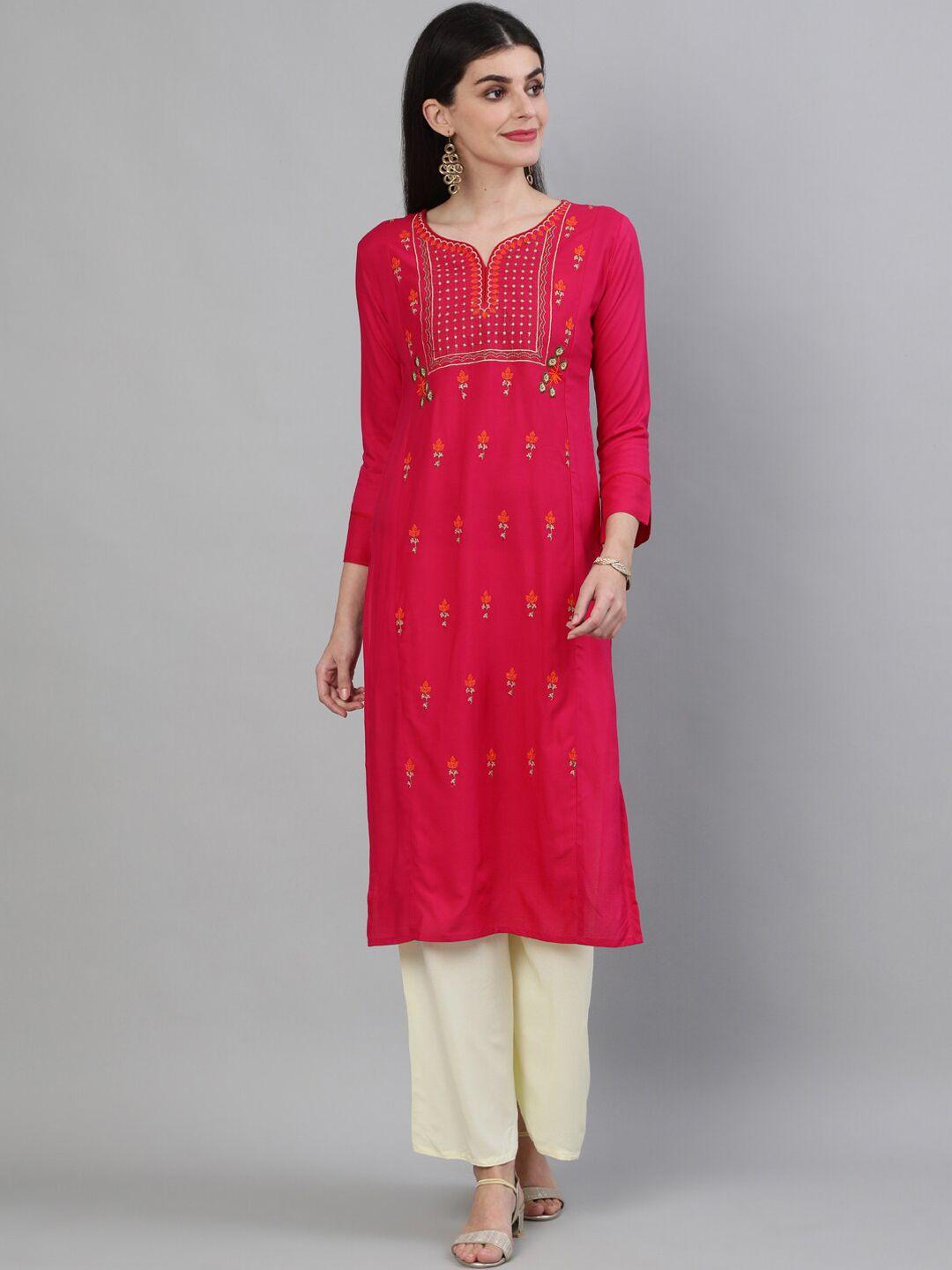 kimayra women fuchsia ethnic motifs embroidered straight kurta