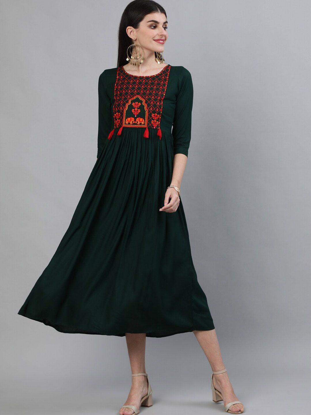 kimayra women green embroidered ethnic midi dress