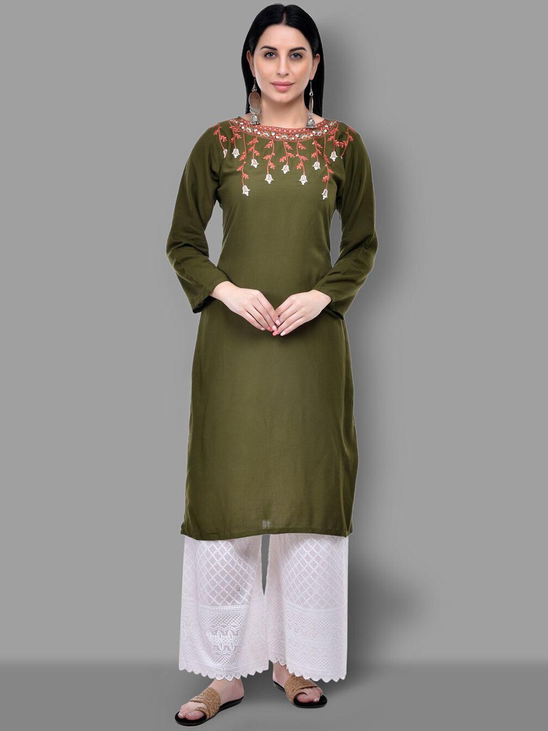 ziva fashion women olive green thread work kurta