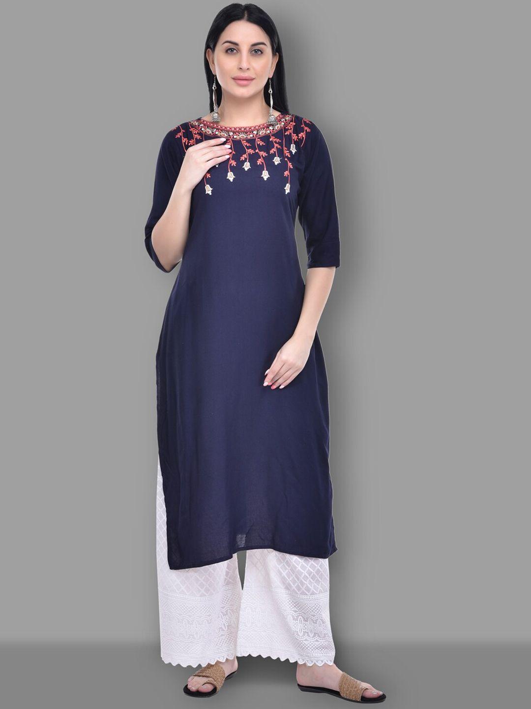 ziva fashion women blue & pink yoke design boat neck straight kurta