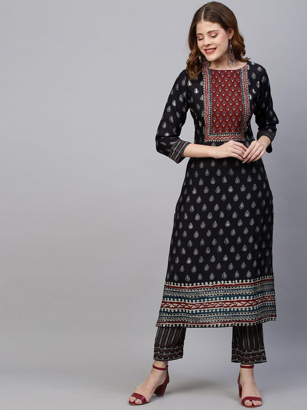 fashor women black striped angrakha sequinned pure cotton kurti with trousers