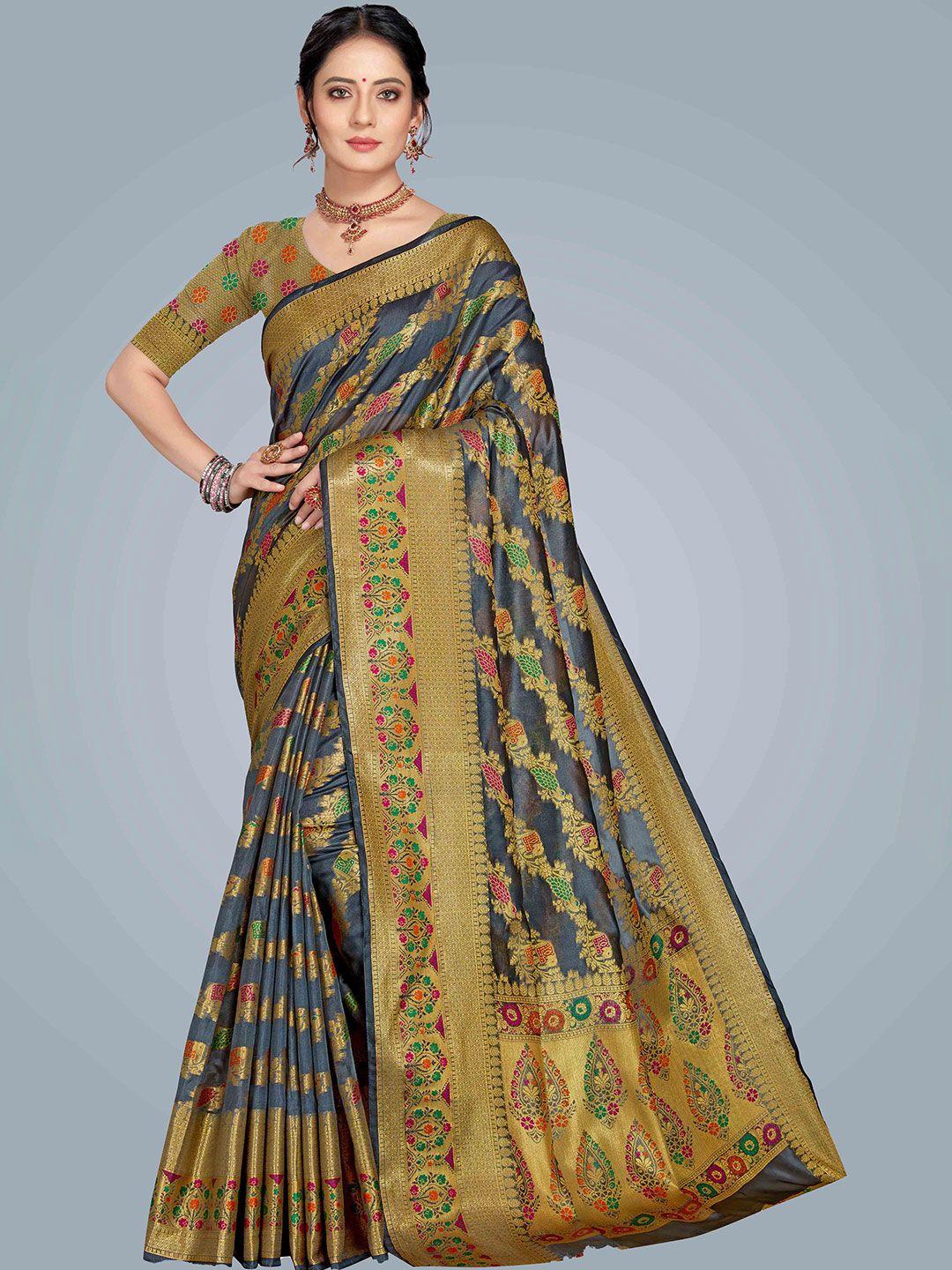 ms retail grey & gold-toned organza banarasi saree