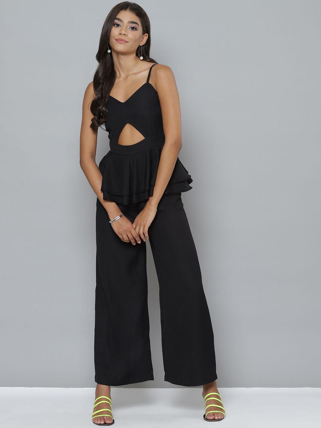 sassafras black peplum layered jumpsuit with cut-out detail