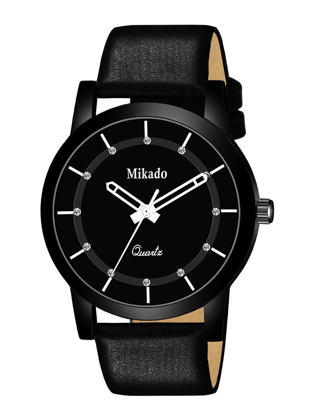 mikado men black brass dial & black leather straps analogue watch ross 154