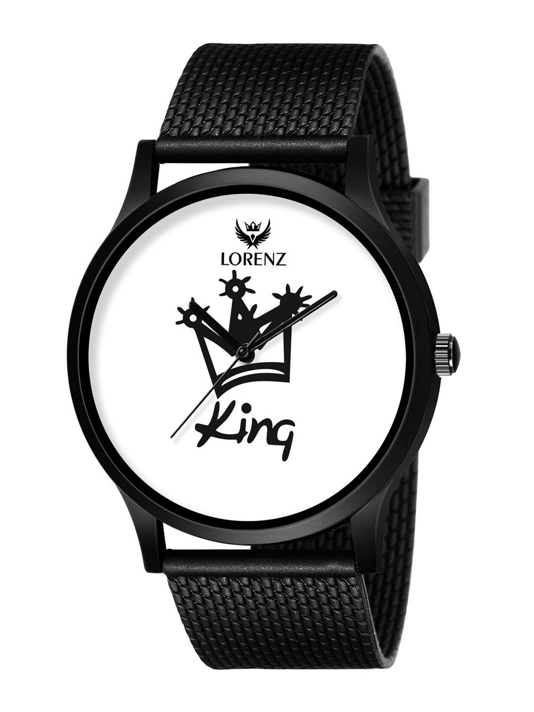 mikado men black brass printed dial & black leather textured straps analogue watch king men