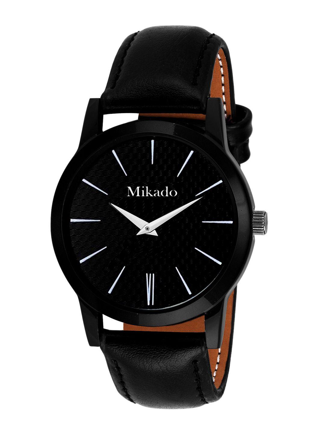 mikado men black brass dial & black leather straps analogue watch us mens