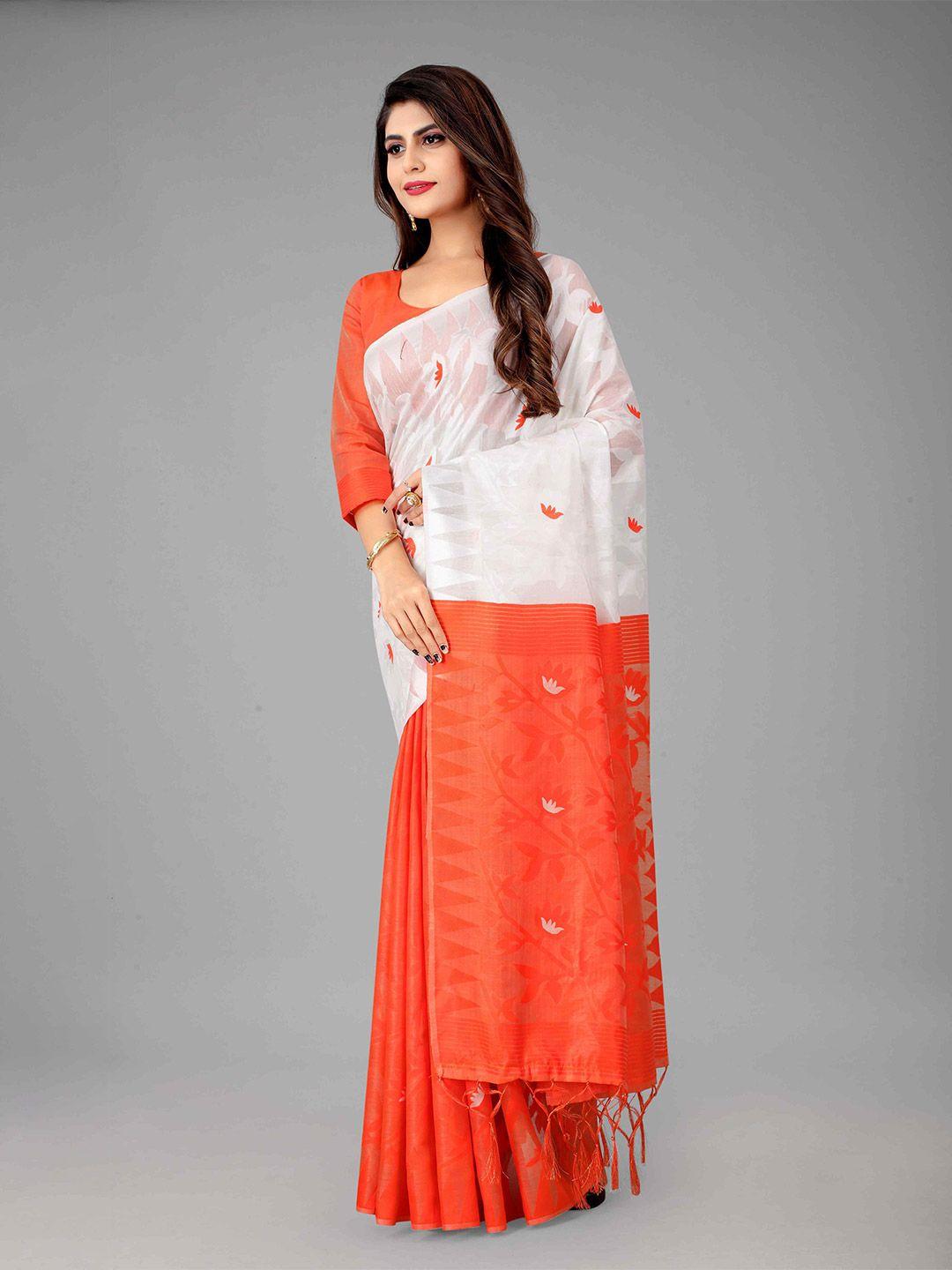 mizzific orange & white woven design zari jamdani saree