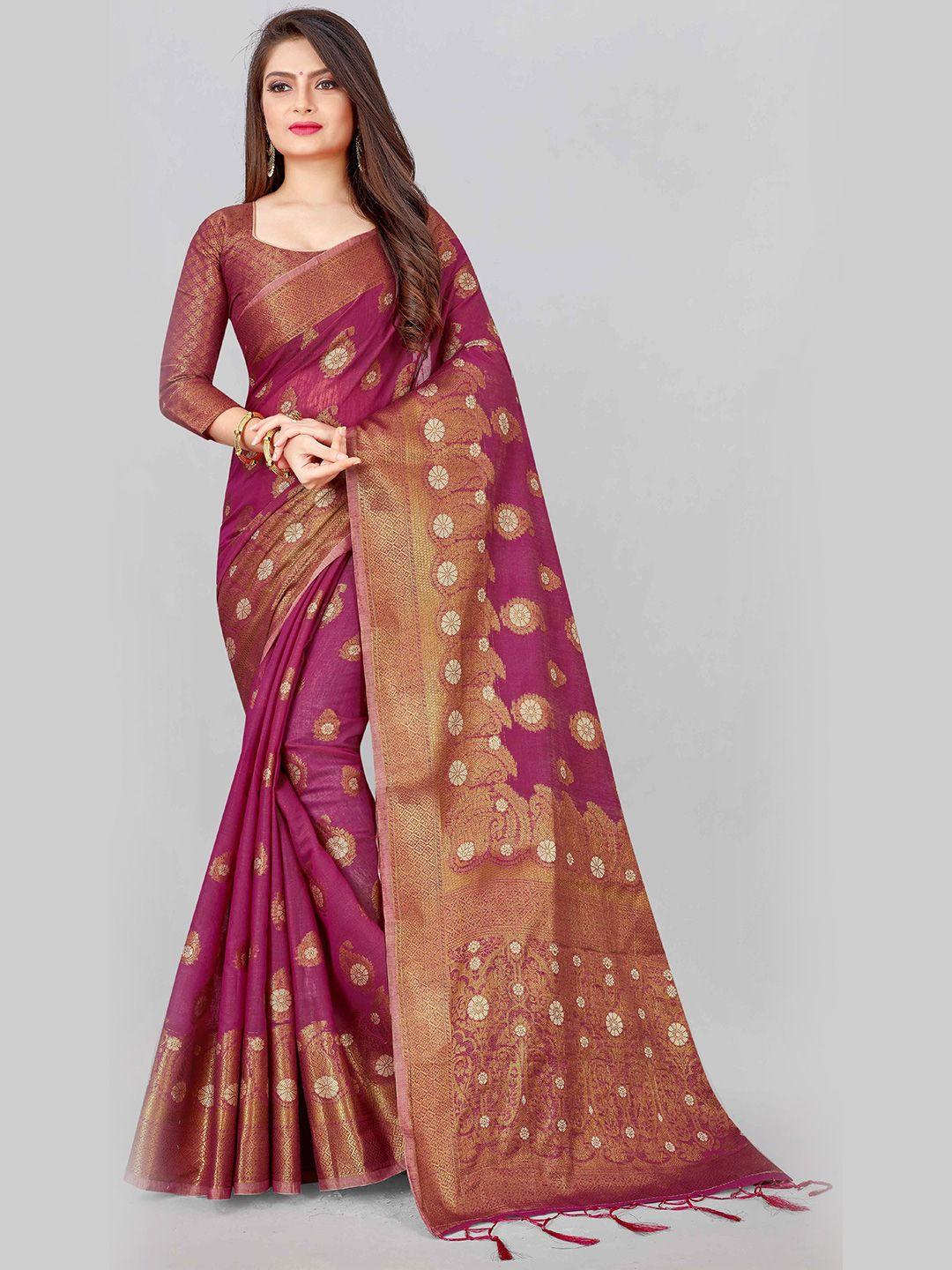 mizzific purple & gold-toned paisley zari pure cotton banarasi saree