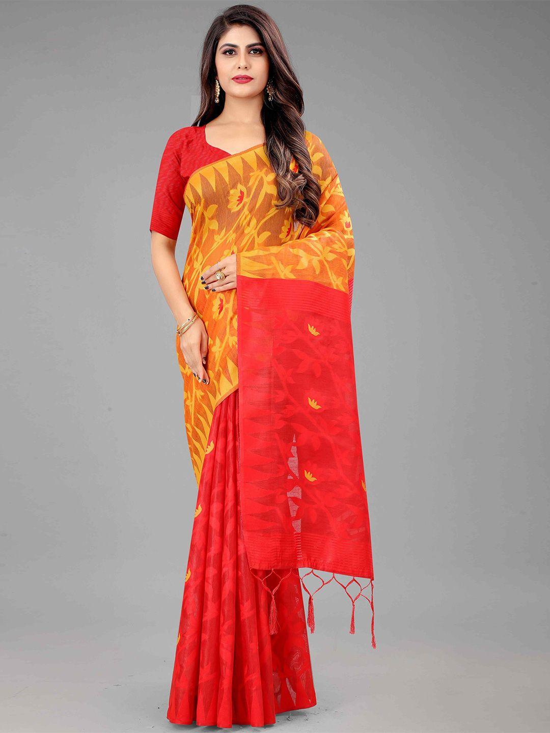 mizzific red & yellow floral zari jamdani saree