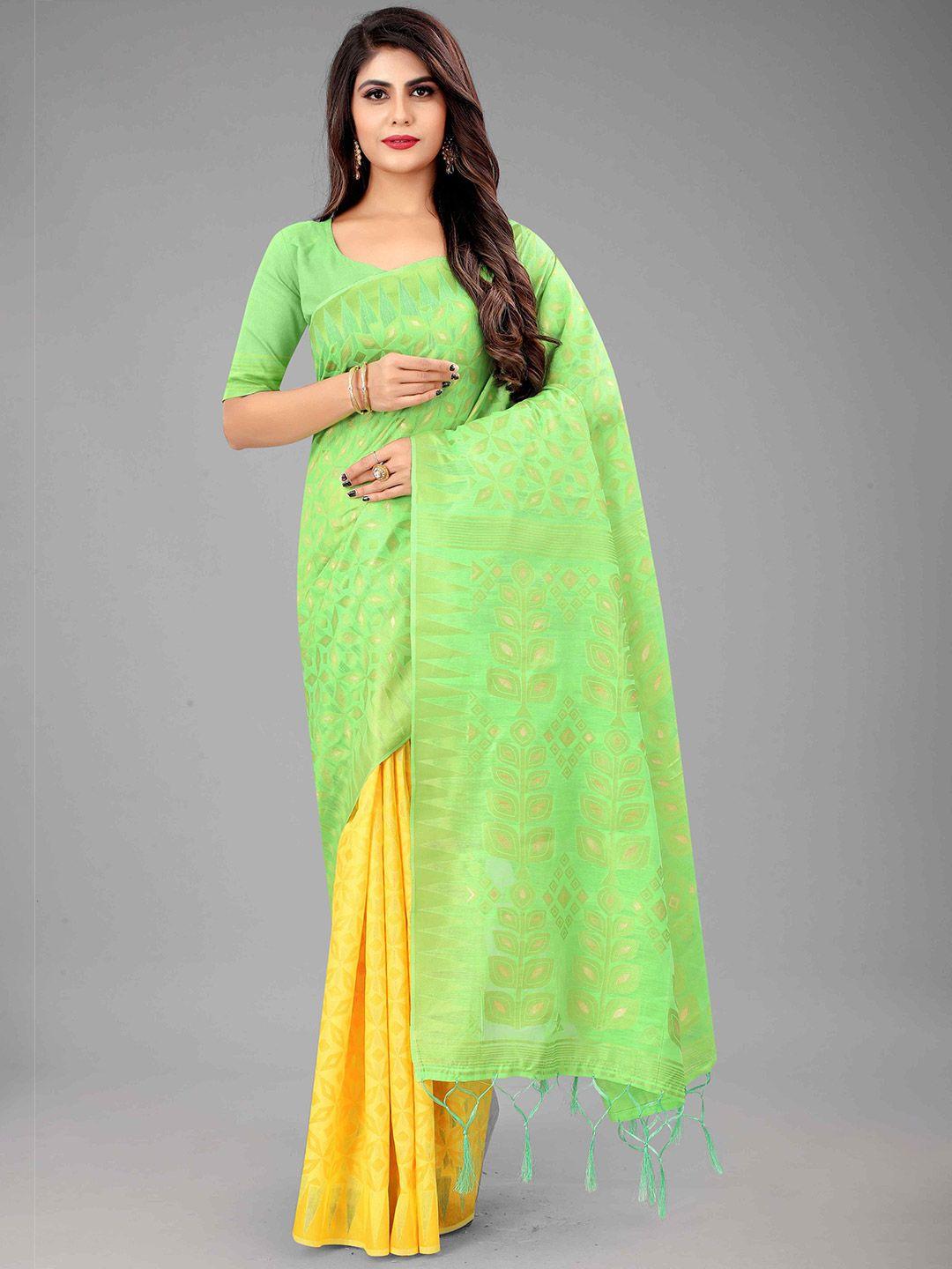 mizzific fluorescent green & yellow woven design zari jamdani saree