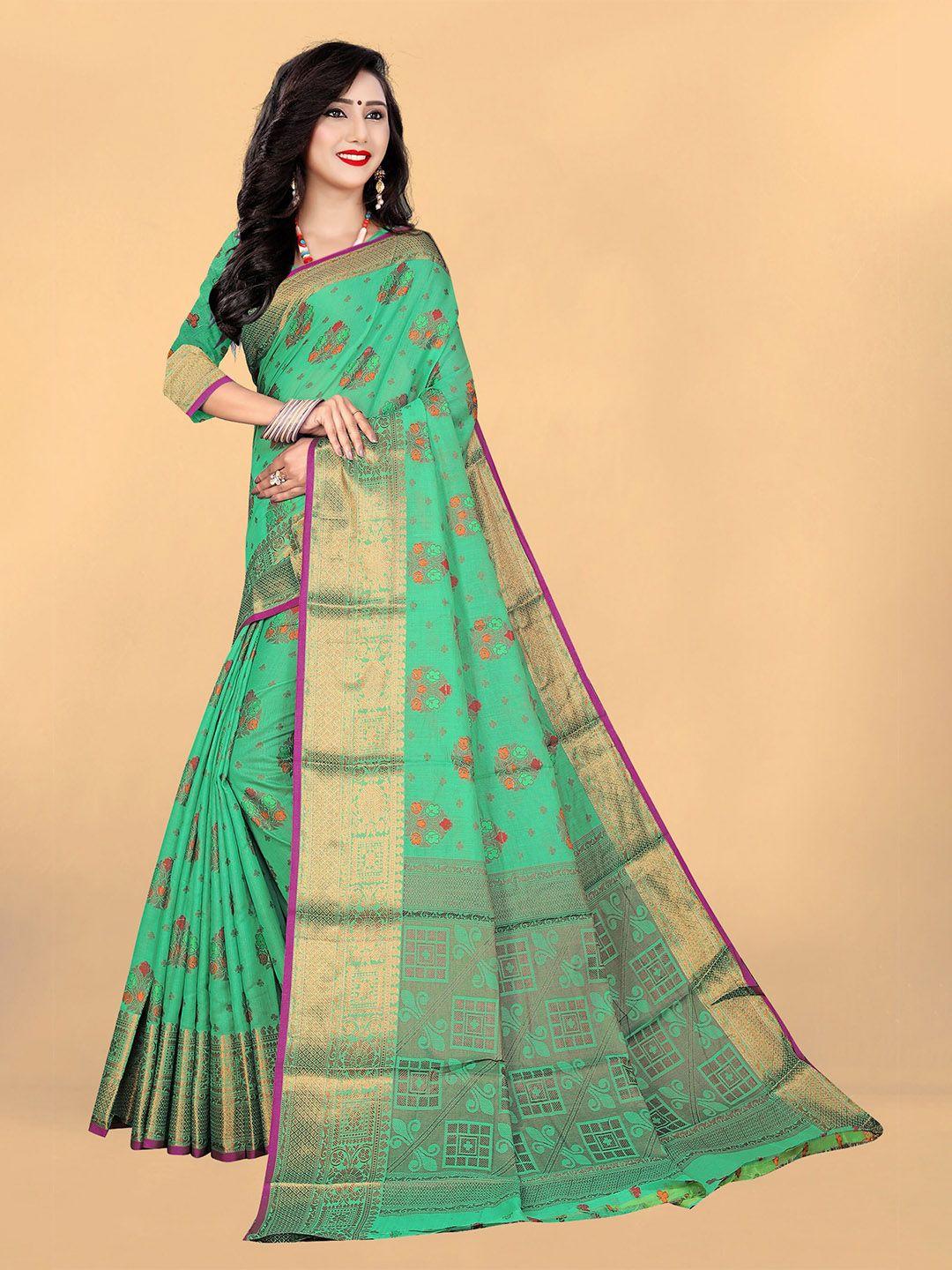 rivana green & red floral zari pure cotton banarasi saree