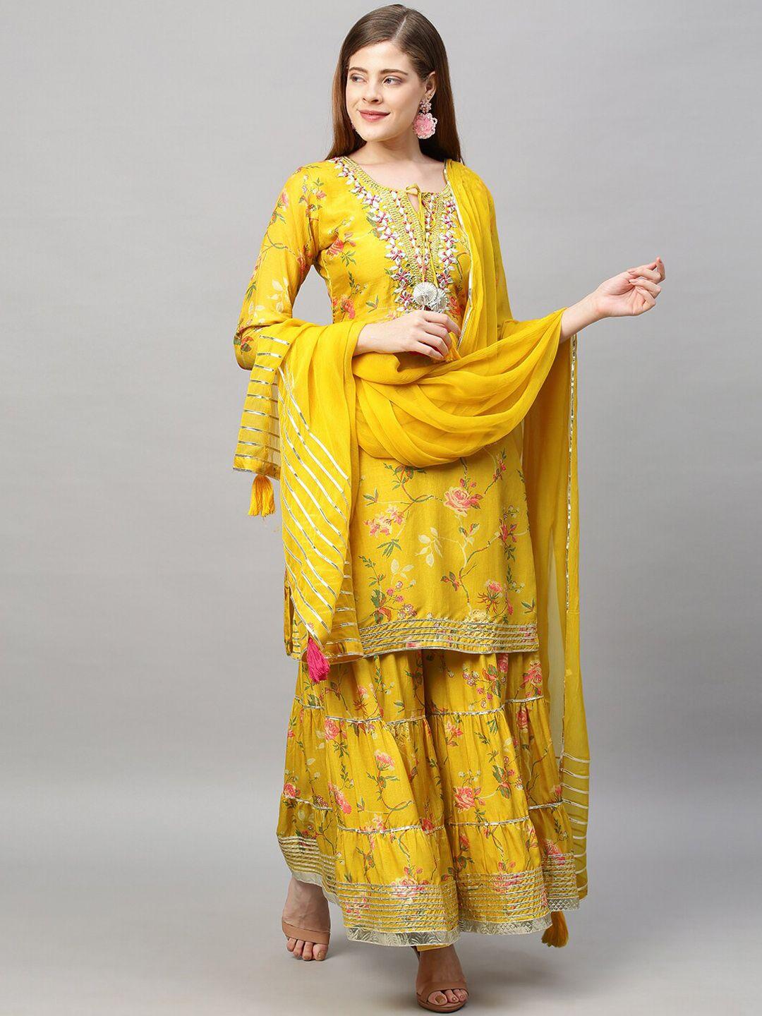 envy me by fashor women yellow printed & hand embroidered kurta with sharara and dupatta