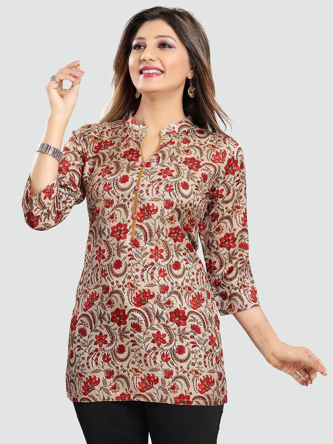 saree swarg beige & red floral printed kurti