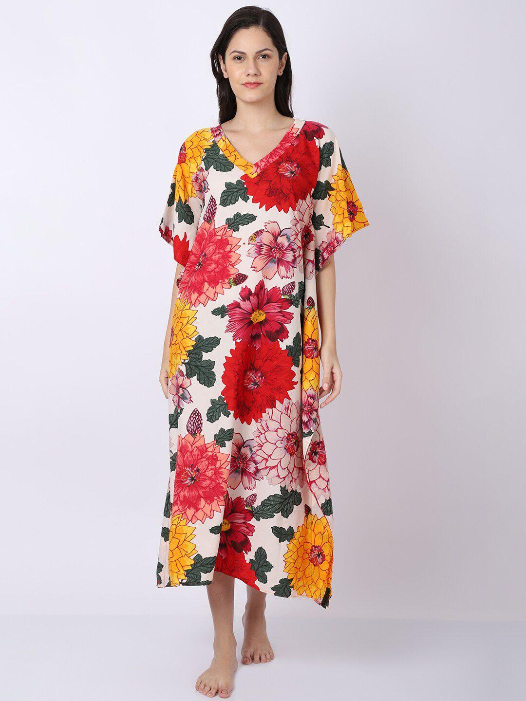 erotissch women white & red floral printed kaftan nightdress