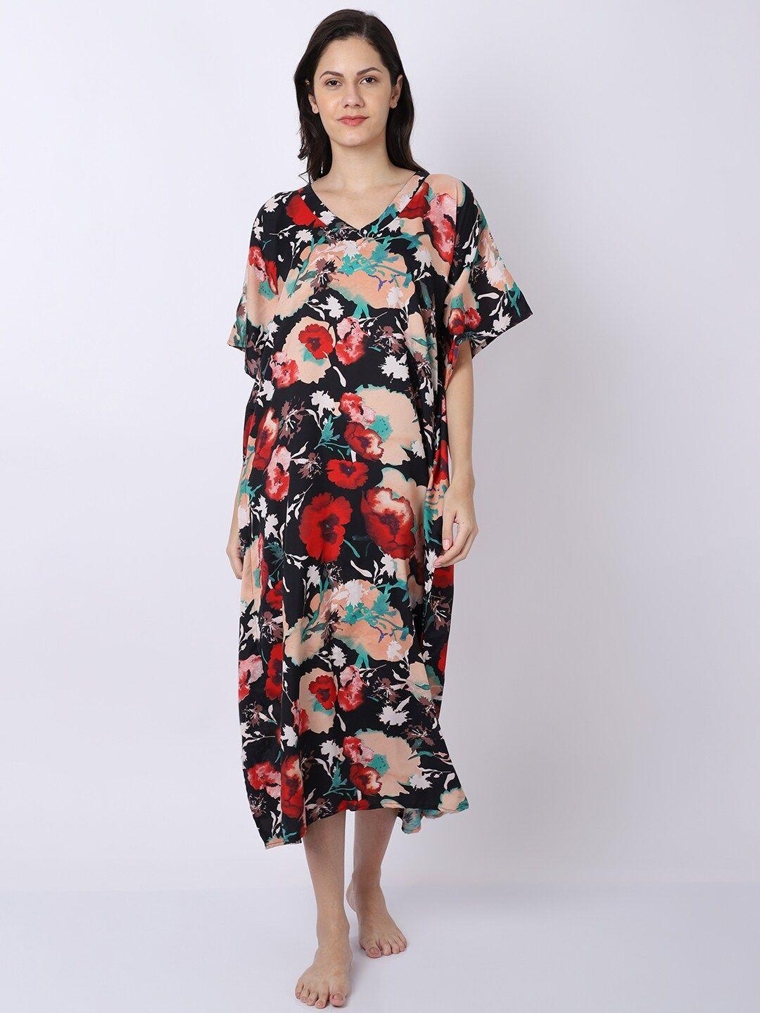 erotissch black floral printed maxi kaftan nightdress