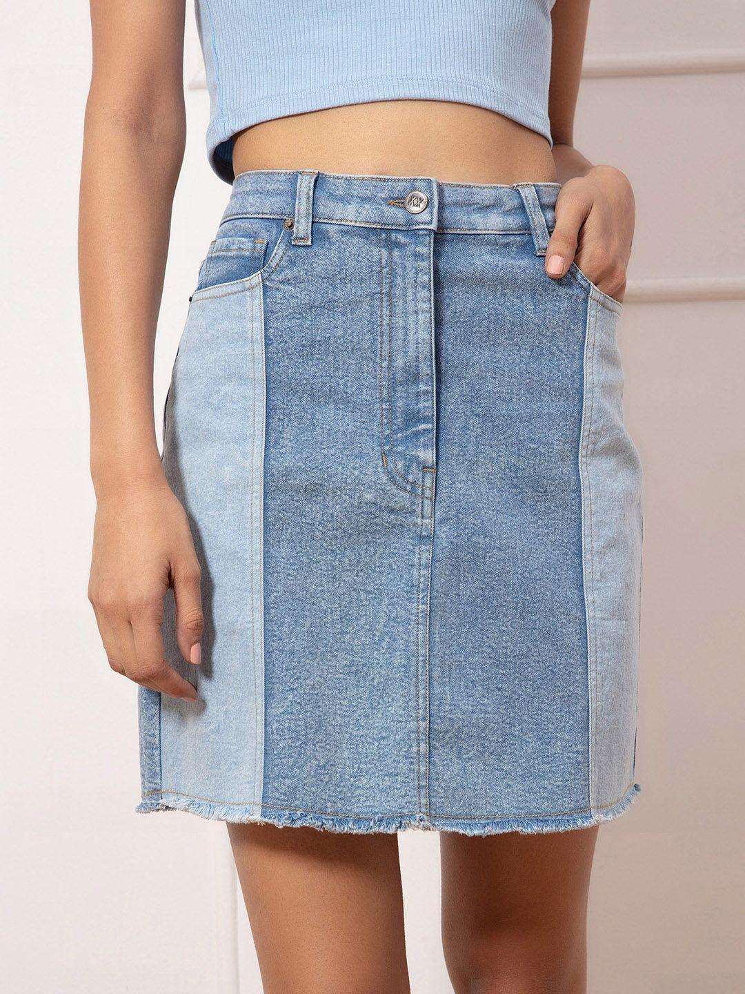 20dresses women blue colourblocked straight mini denim skirt