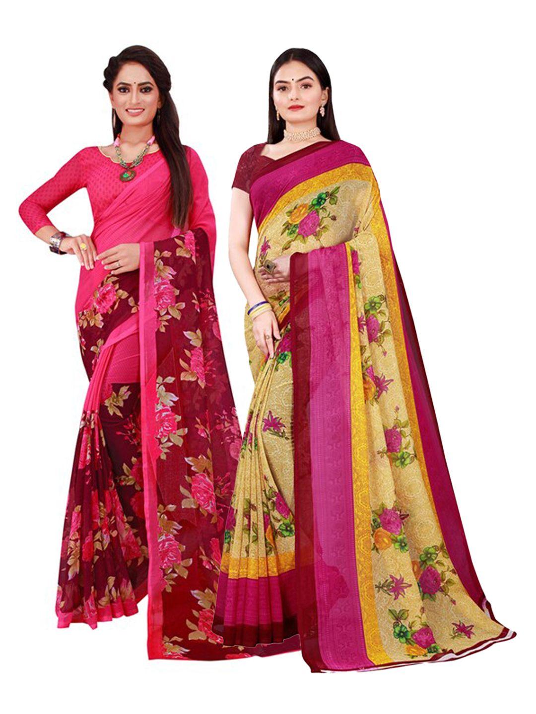 florence beige & magenta floral pure georgette saree