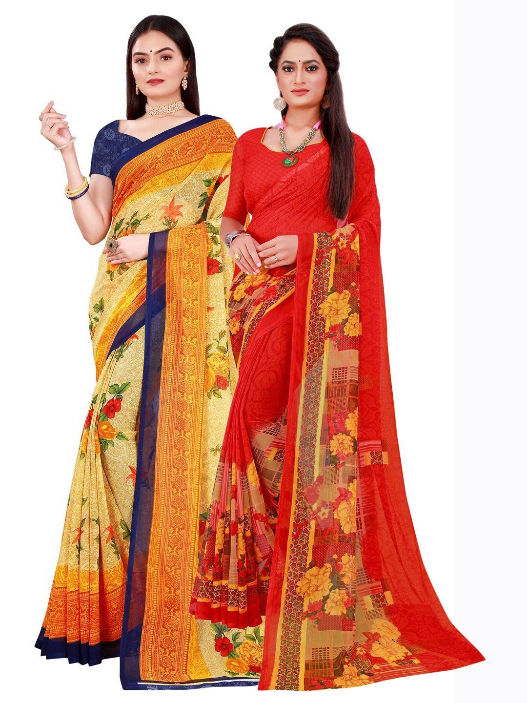 florence beige & red set of 2 pure georgette saree