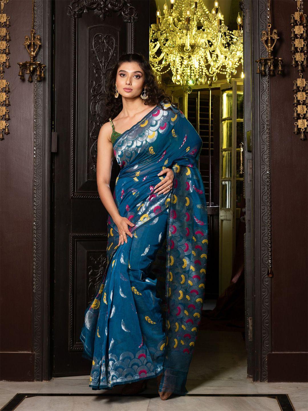 charukriti teal & silver-toned woven design silk cotton jamdani saree