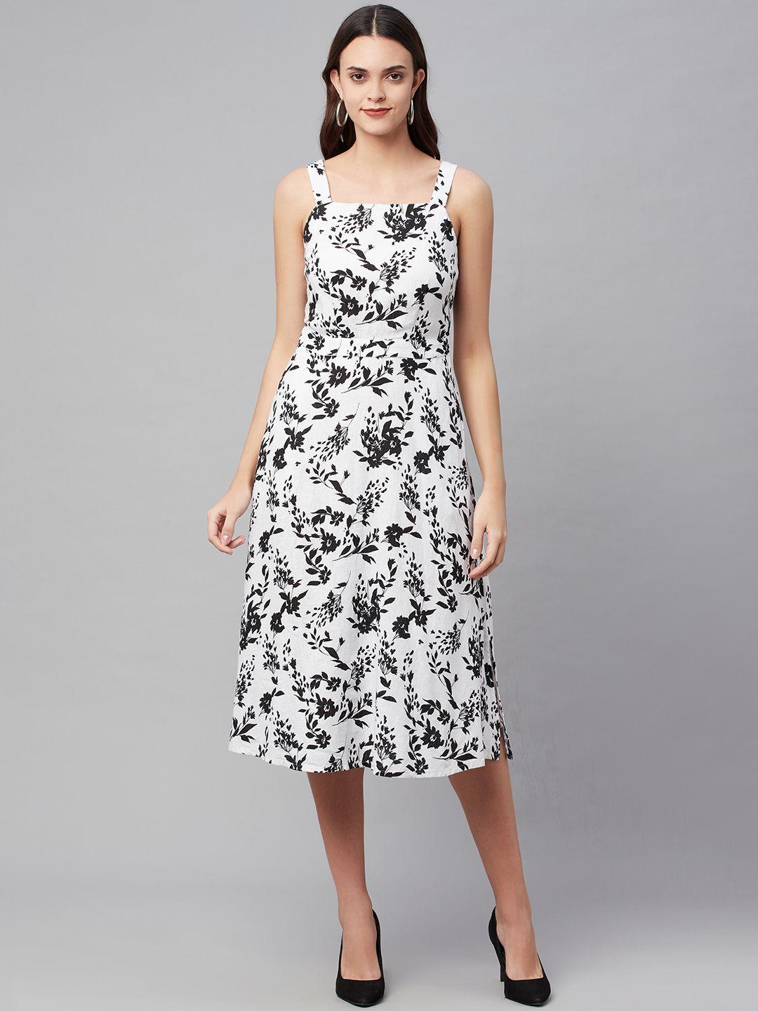 marks & spencer women white & black floral printed a-line midi dress