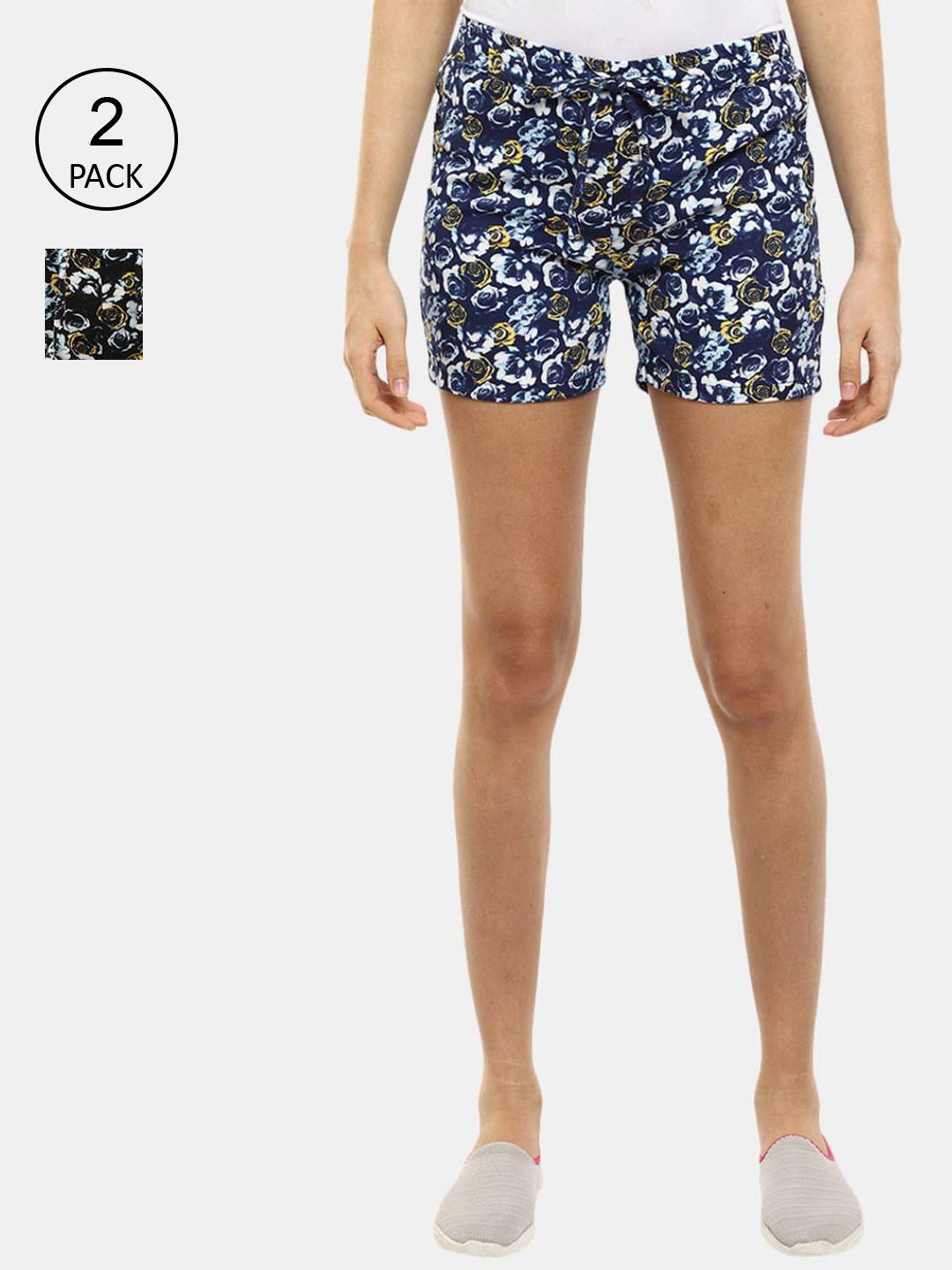 v-mart women blue & white pack of 2 floral printed shorts