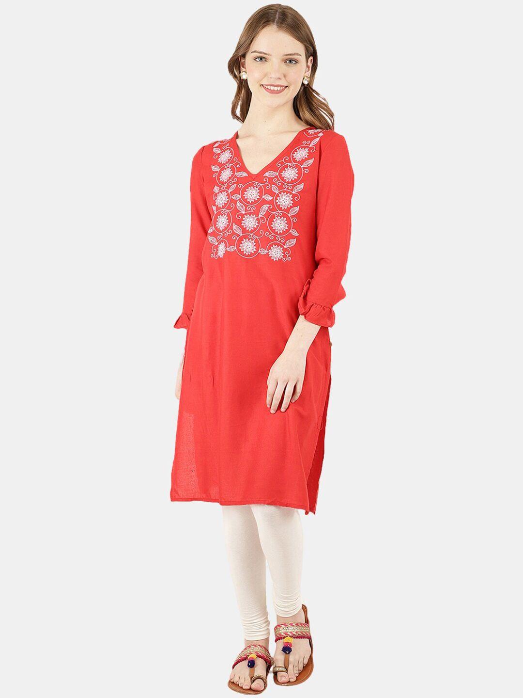 desi mix women red floral  ethnic solid rayon round neck kurta