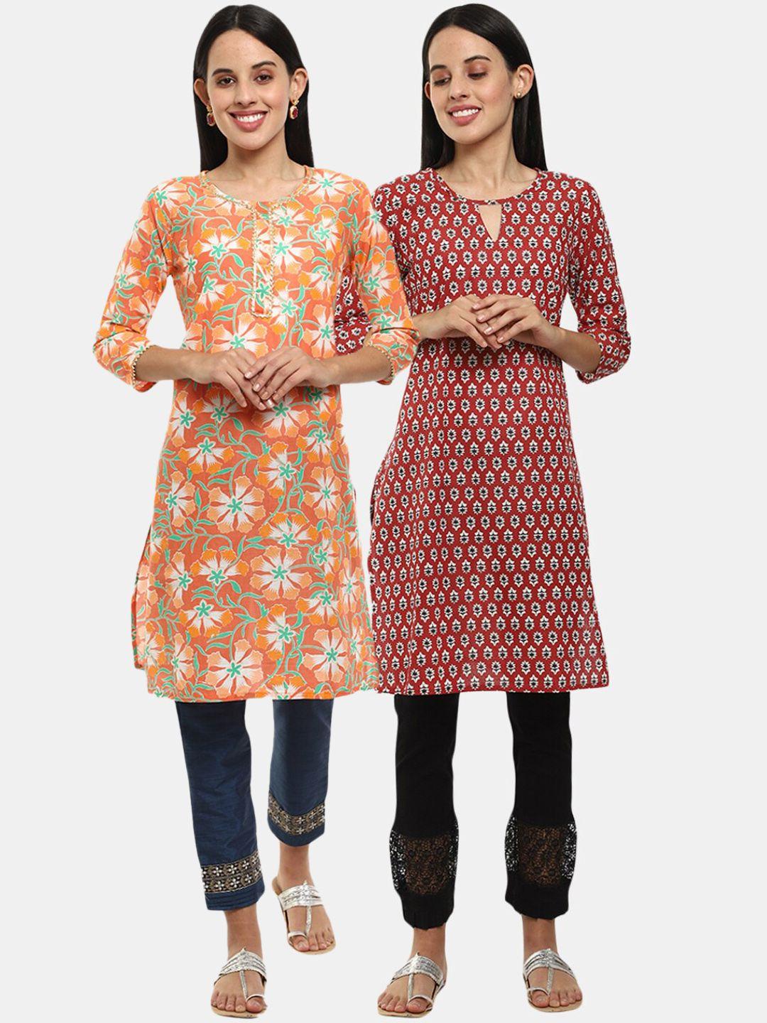 desi mix women orange& maroon  floral printed thread work kurta{pack of 2 }