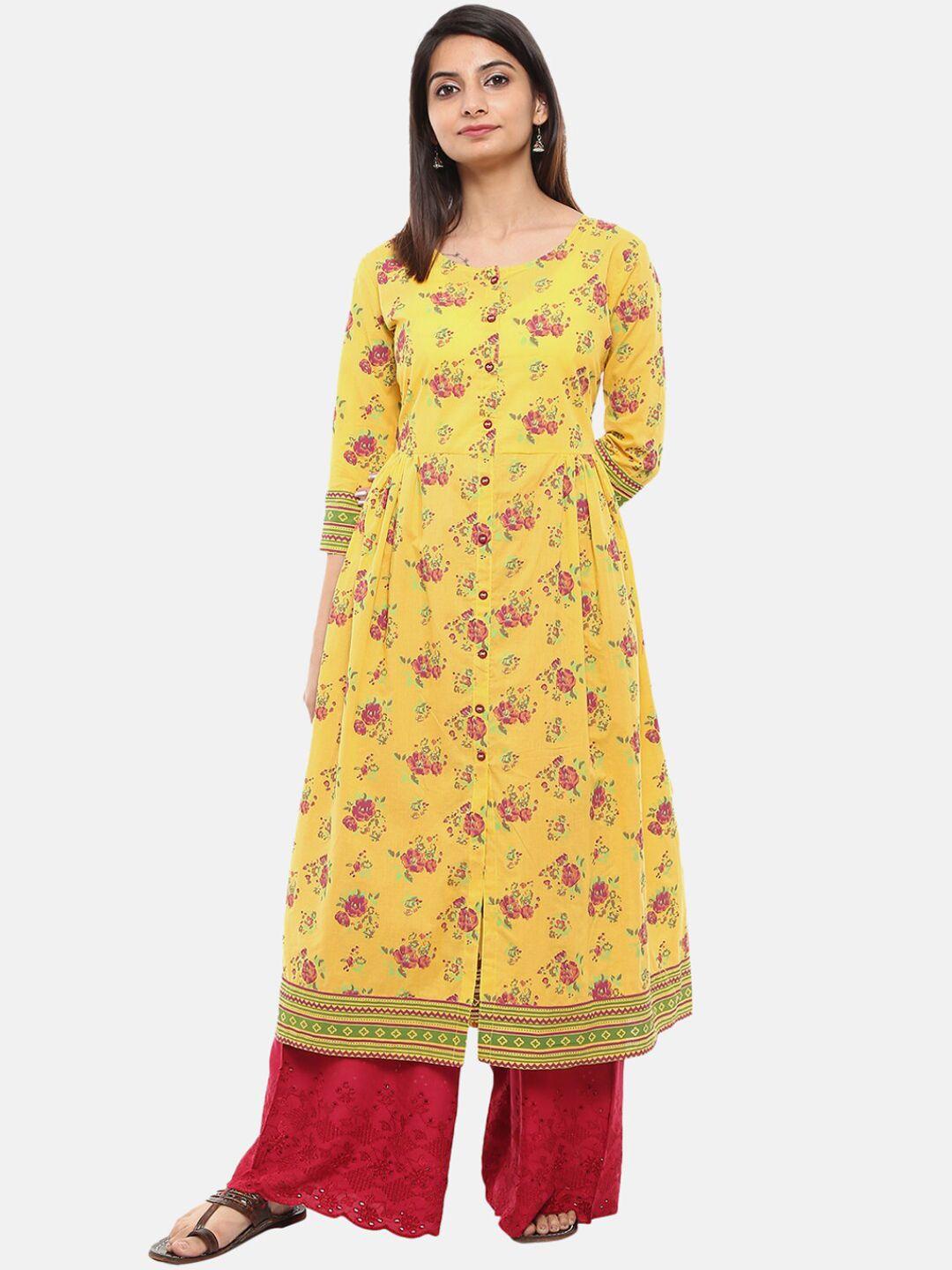 desi mix women yellow cotton floral printed thread work kurta