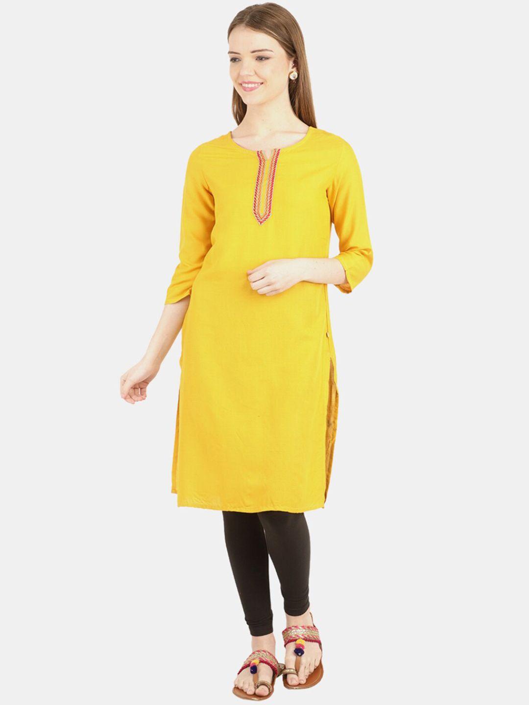 desi mix women mustard yellow cotton thread work kurta