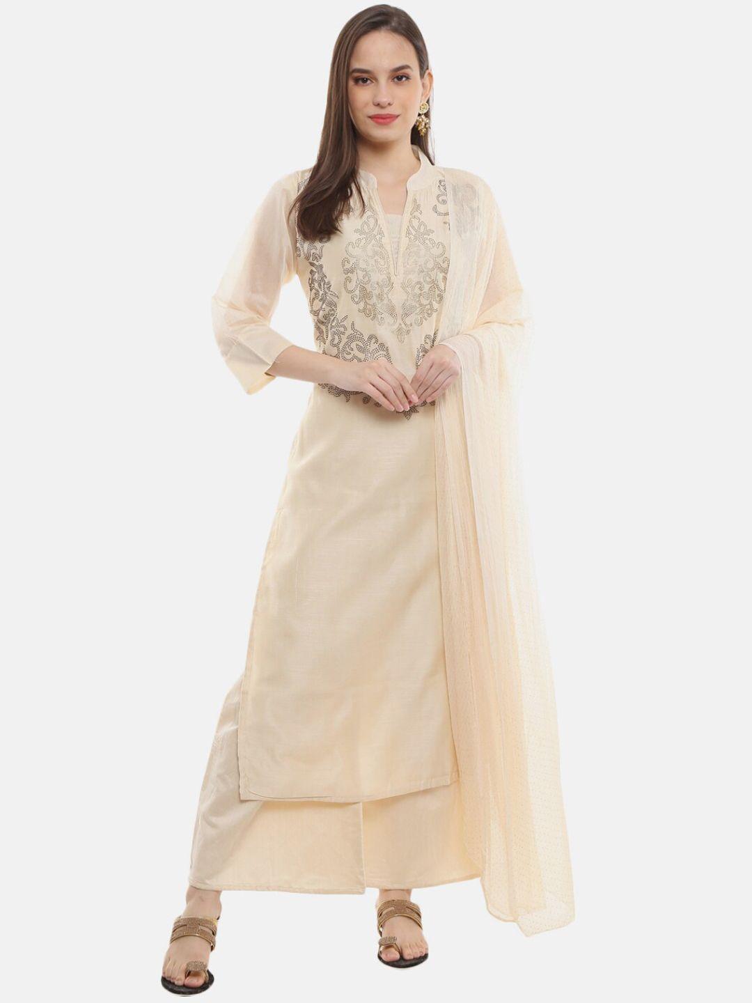 desi mix women cream-coloured embellished kurta