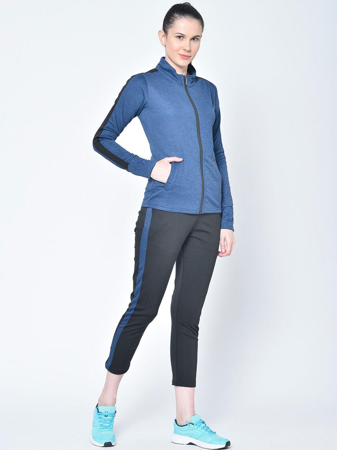 chkokko women navy blue & black solid gym tracksuits