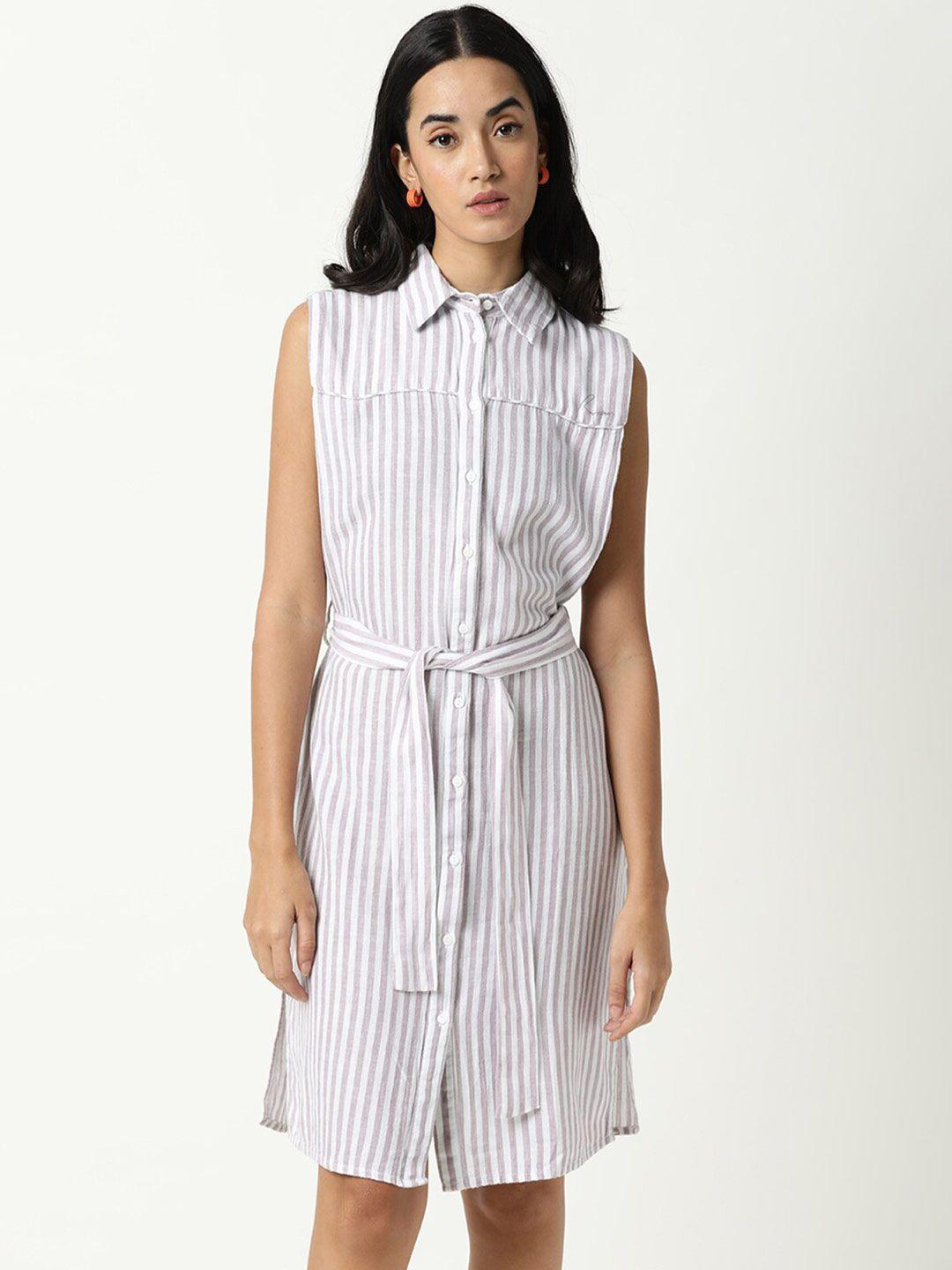 rareism white & grey striped sleeveless shirt dress