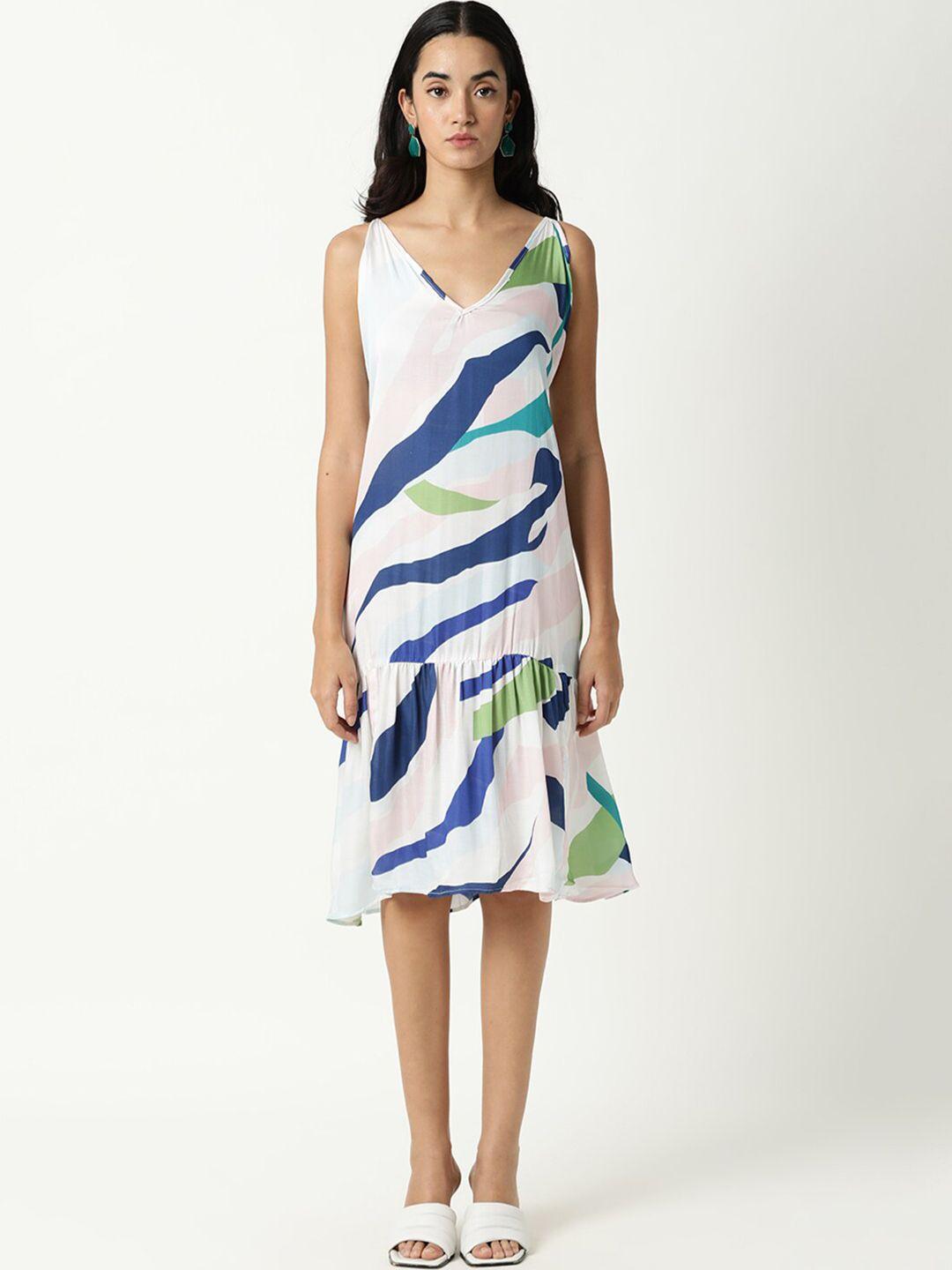 rareism white & blue abstract printed v-neck drop-waist dress