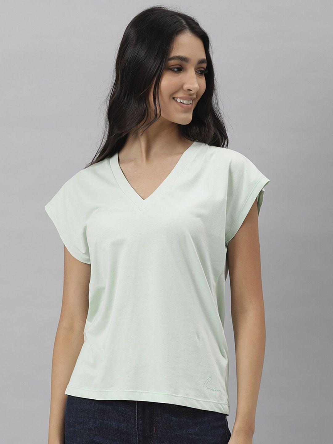 rareism women green & light silver v-neck extended sleeves cotton t-shirt