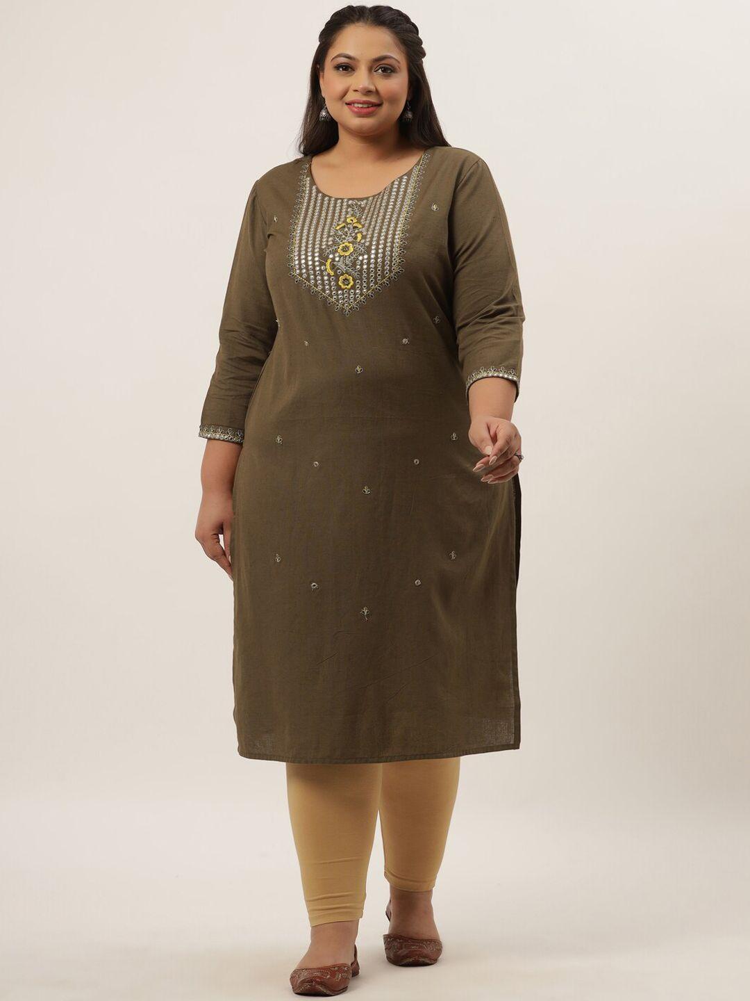 yufta women plus size olive green aari work yoke design kurta