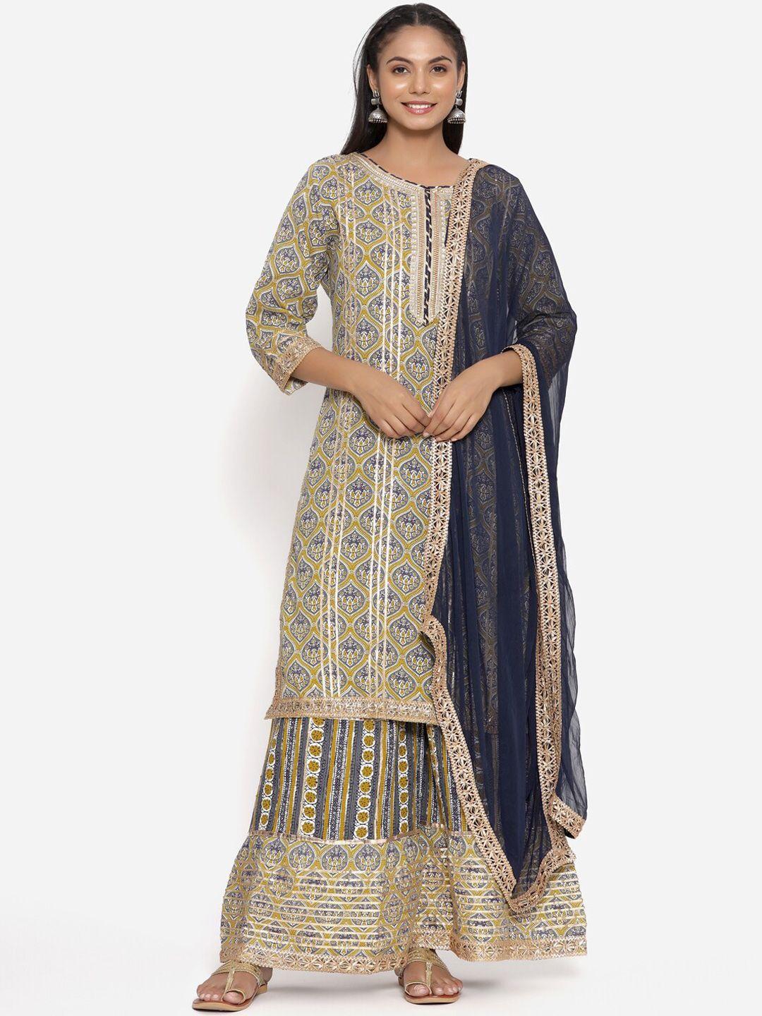 unisets women multicoloured ethnic motifs printed layered kurta with palazzos & with dupatta